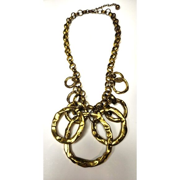 Chunky Hammered Gold Tone Statement Necklace 16” Chain with 2.5” Ring Pendant - Picture 3 of 6
